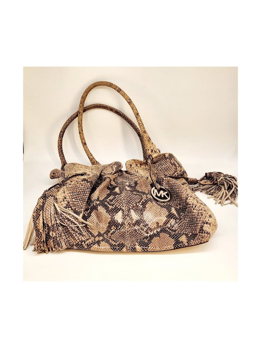 Share Michael Kors Shoulder Bag Womens Large Brown Snakeskin Braided Hobo Tassel